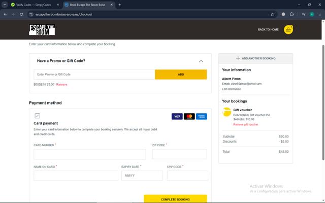 Escape The Room checkout page showing Escape The Room promo code box | Screenshot taken by SimplyCodes community member on Mar 14, 2025