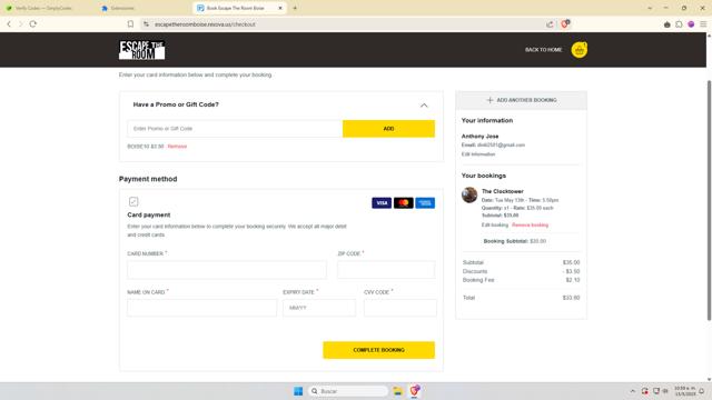Escape The Room checkout page showing Escape The Room promo code box | Screenshot taken by SimplyCodes community member on May 13, 2025