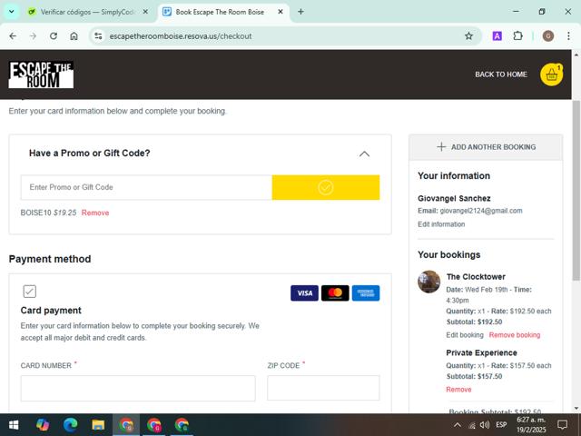 Escape The Room checkout page showing Escape The Room promo code box | Screenshot taken by SimplyCodes community member on Feb 19, 2025