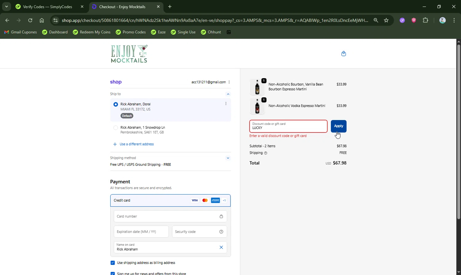 Escape Wise Mocktails promo code screenshot showing code LUCKY applied at Escape Wise Mocktails checkout page. Uploaded by SimplyCodes community member LHaunter2 on Apr 4, 2026