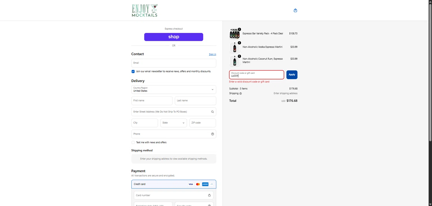 Escape Wise Mocktails promo code screenshot showing code LUCKY applied at Escape Wise Mocktails checkout page. Uploaded by SimplyCodes community member ValiantCollector5333 on Apr 4, 2026