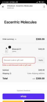 Escentric Molecules US coupon verification screenshot