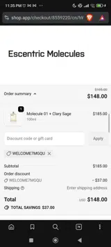 Escentric Molecules US coupon verification screenshot