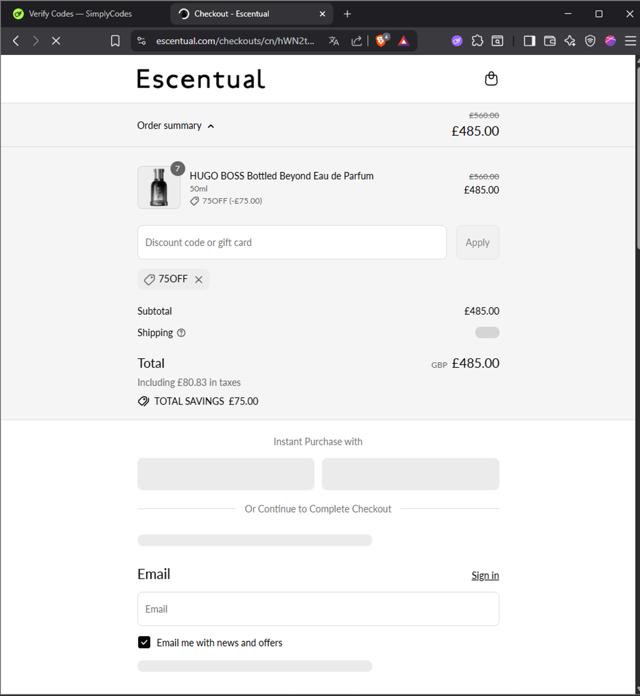 Escentual checkout page showing Escentual promo code box | Screenshot taken by SimplyCodes community member on Sep 12, 2025