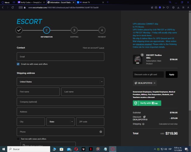 Escort Radar checkout page showing Escort Radar discount code box | Screenshot taken by SimplyCodes community member on Jan 11, 2024