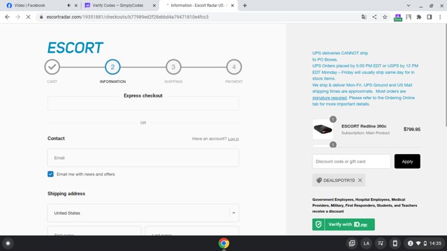 Escort Radar checkout page showing Escort Radar discount code box | Screenshot taken by SimplyCodes community member on Dec 24, 2023