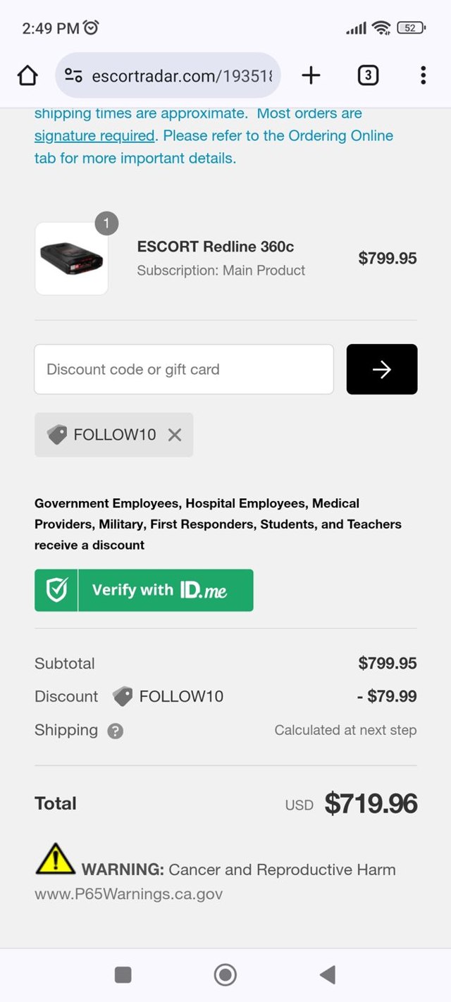 Escort Radar checkout page showing Escort Radar discount code box | Screenshot taken by SimplyCodes community member on Dec 24, 2023
