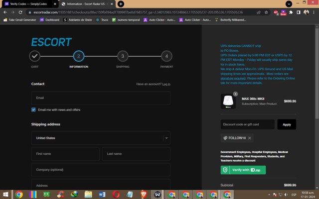 Escort Radar checkout page showing Escort Radar discount code box | Screenshot taken by SimplyCodes community member on Jan 17, 2024