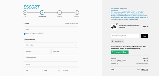 Escort Radar checkout page showing Escort Radar discount code box | Screenshot taken by SimplyCodes community member on Dec 15, 2023