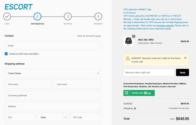 Escort Radar checkout page showing Escort Radar discount code box | Screenshot taken by SimplyCodes community member on Feb 7, 2024