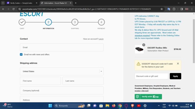 Escort Radar checkout page showing Escort Radar discount code box | Screenshot taken by SimplyCodes community member on Dec 15, 2023