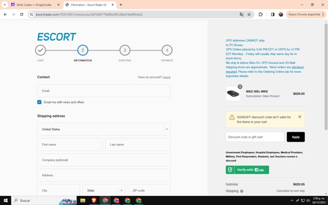 Escort Radar checkout page showing Escort Radar discount code box | Screenshot taken by SimplyCodes community member on Dec 24, 2023