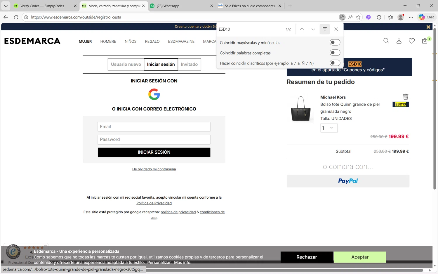 Esdemarca checkout page showing Esdemarca discount code box | Screenshot taken by SimplyCodes community member on Dec 21, 2025