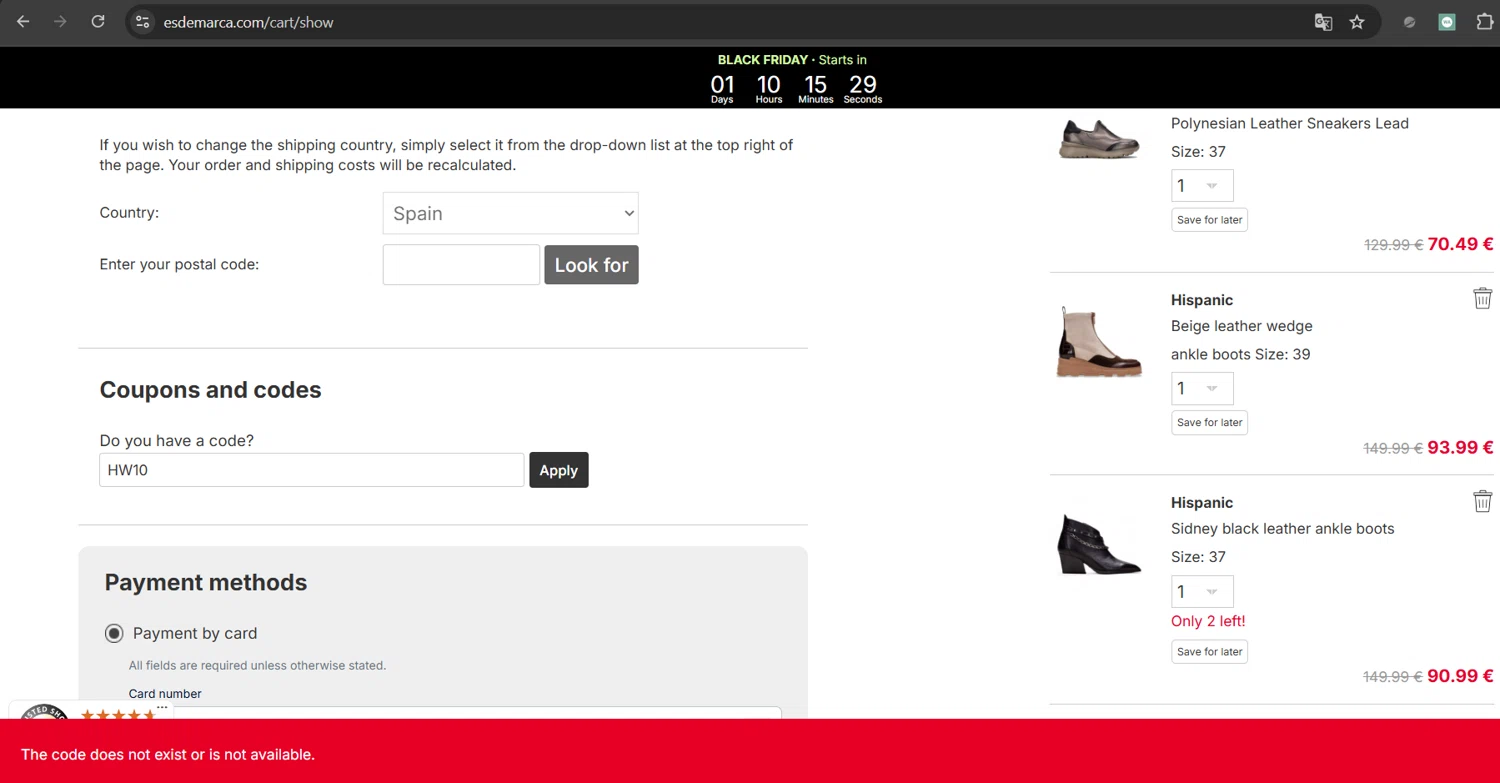 Esdemarca discount code screenshot showing code HW10 applied at Esdemarca checkout page. Uploaded by SimplyCodes community member Gray_75 on Nov 17, 2025