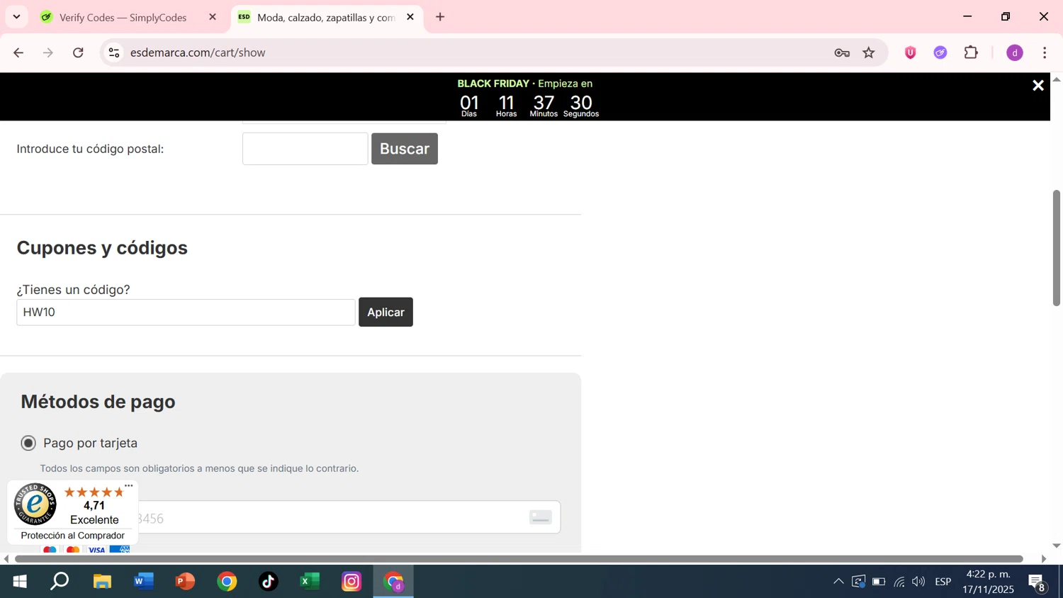 Esdemarca discount code screenshot showing code HW10 applied at Esdemarca checkout page. Uploaded by SimplyCodes community member LuckyFalcon7333 on Nov 17, 2025
