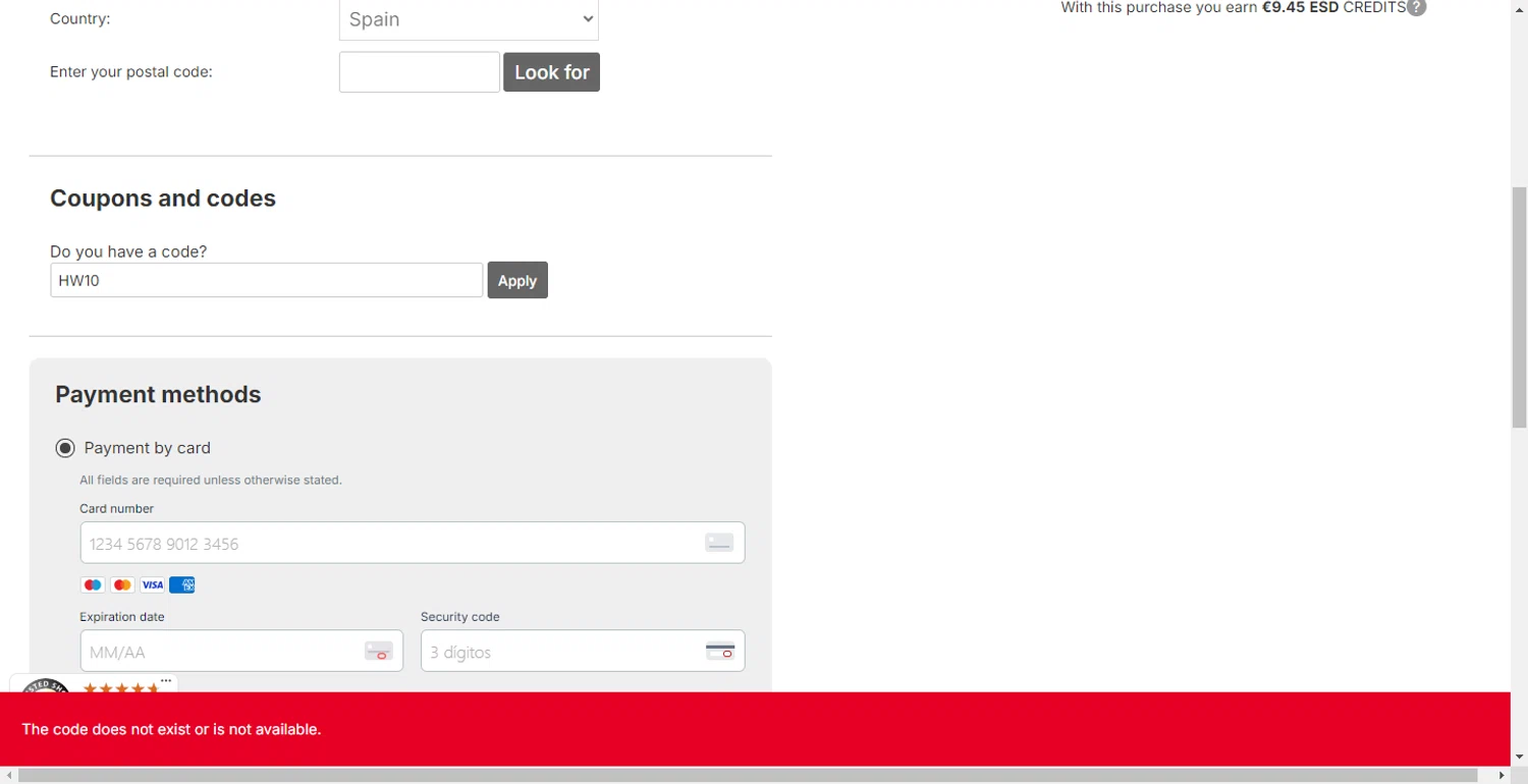 Esdemarca discount code screenshot showing code HW10 applied at Esdemarca checkout page. Uploaded by SimplyCodes community member RewardLion6202 on Nov 17, 2025