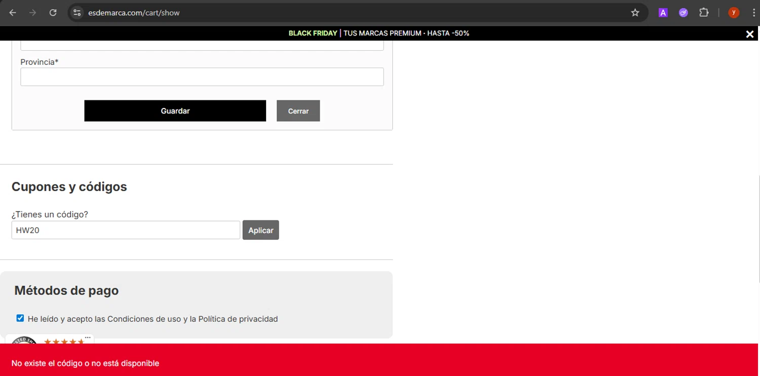 Esdemarca discount code screenshot showing code HW20 applied at Esdemarca checkout page. Uploaded by SimplyCodes community member CrownTiger7501 on Nov 19, 2025