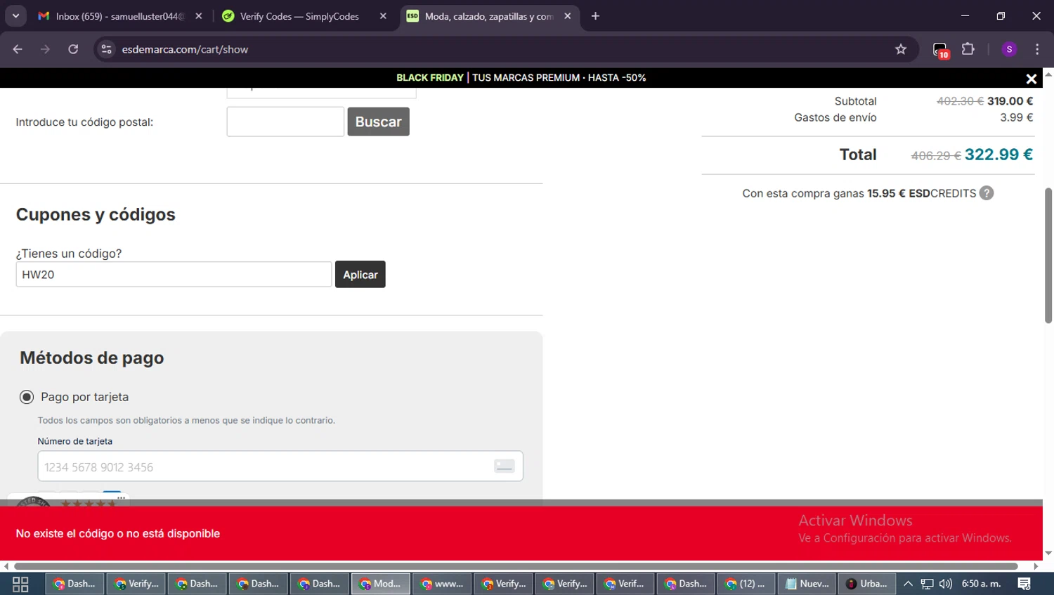 Esdemarca discount code screenshot showing code HW20 applied at Esdemarca checkout page. Uploaded by SimplyCodes community member ShieldWarden7838 on Nov 19, 2025