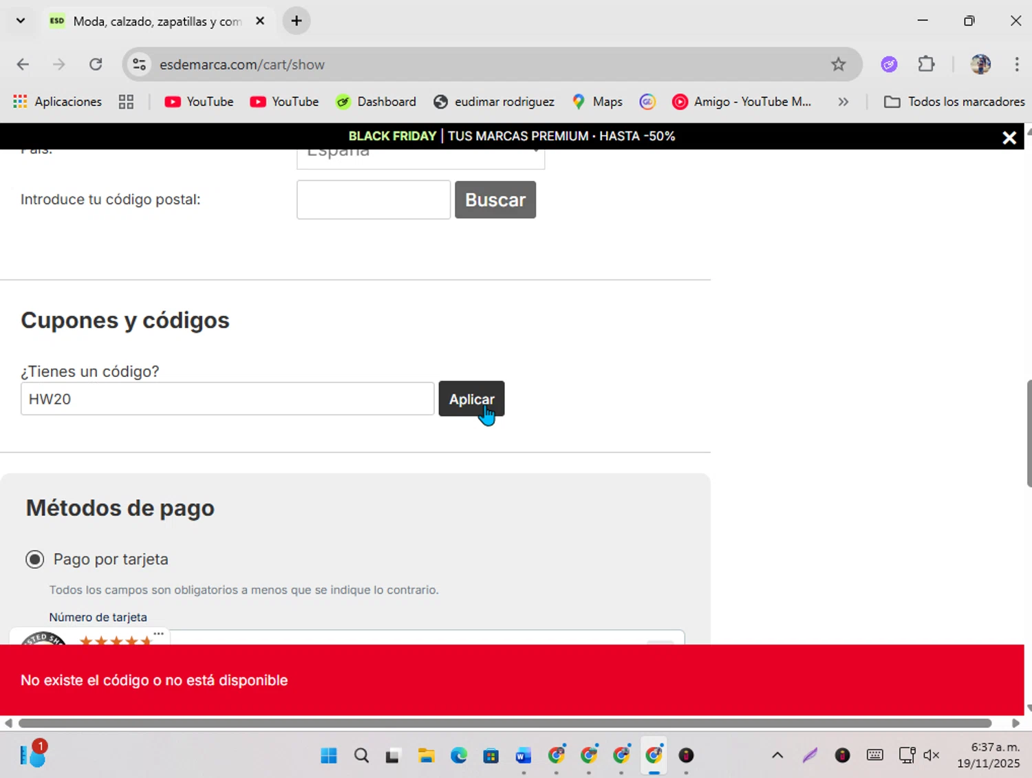 Esdemarca discount code screenshot showing code HW20 applied at Esdemarca checkout page. Uploaded by SimplyCodes community member ShrewdSeeker5445 on Nov 19, 2025