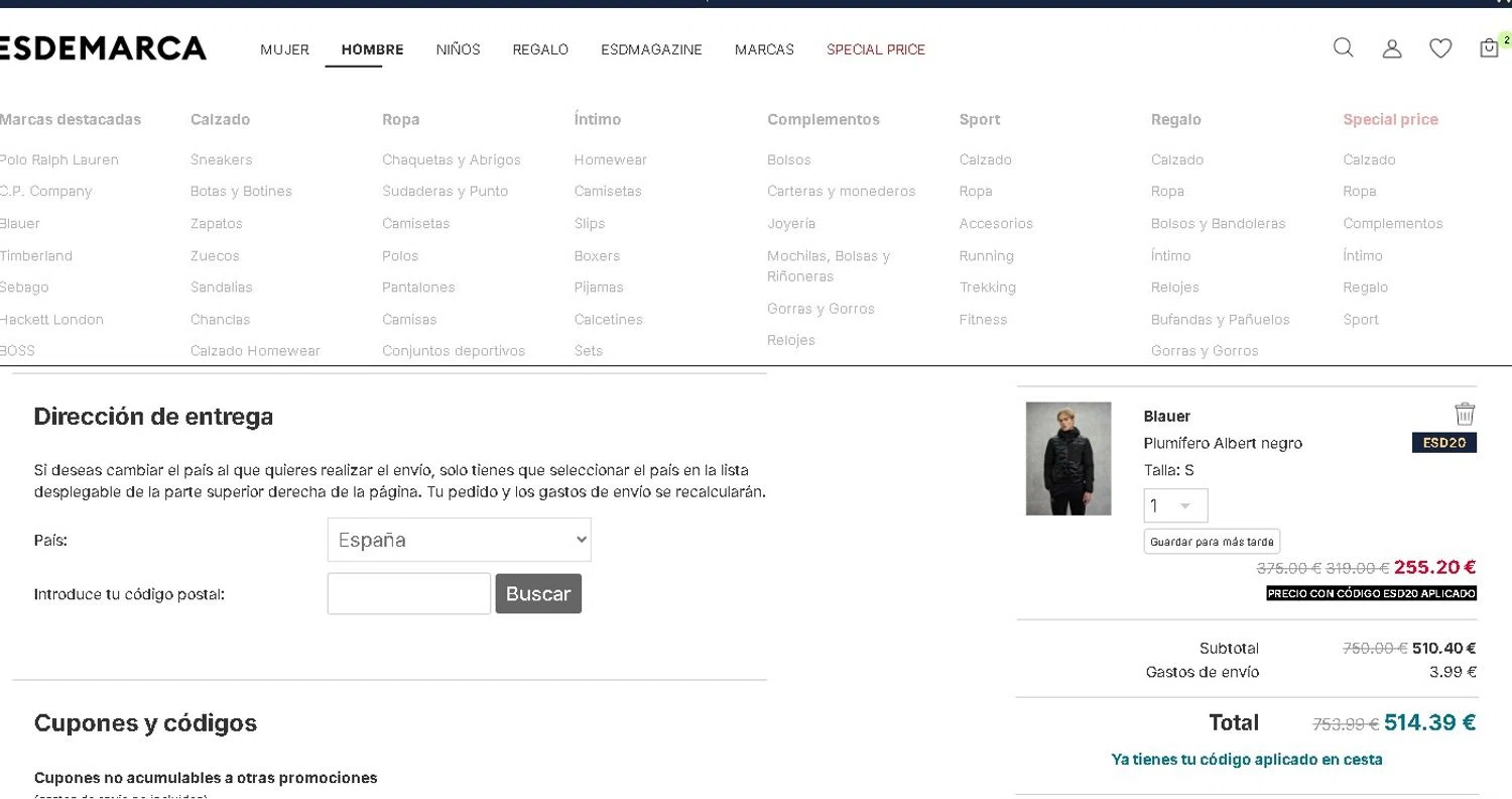 Esdemarca discount code screenshot showing code ESD20 applied at Esdemarca checkout page. Uploaded by SimplyCodes community member LAMINEJAMAL on Dec 15, 2025