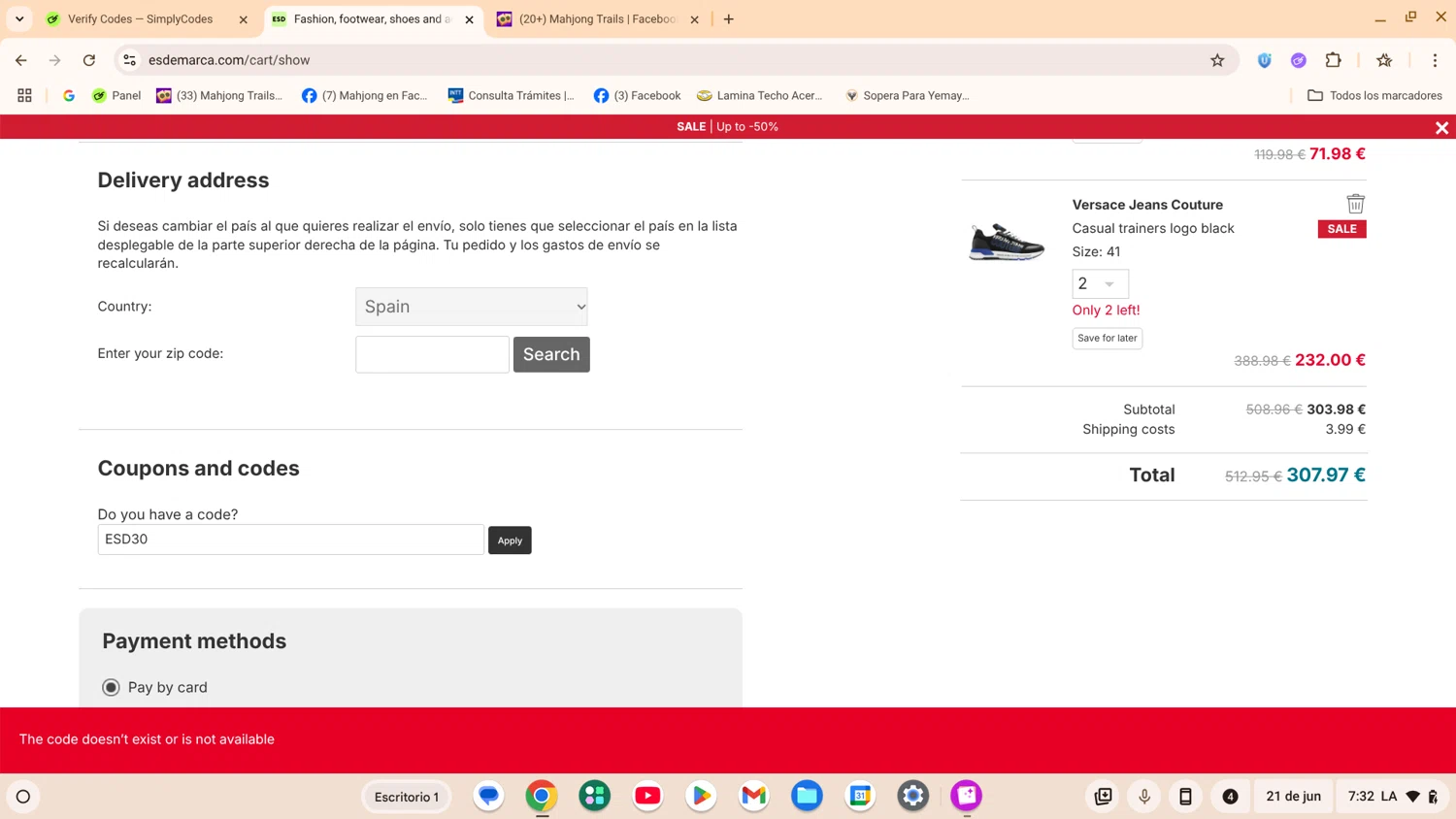 Esdemarca discount code screenshot showing code ESD30 applied at Esdemarca checkout page. Uploaded by SimplyCodes community member ShrewdExpert7367 on Jun 21, 2025