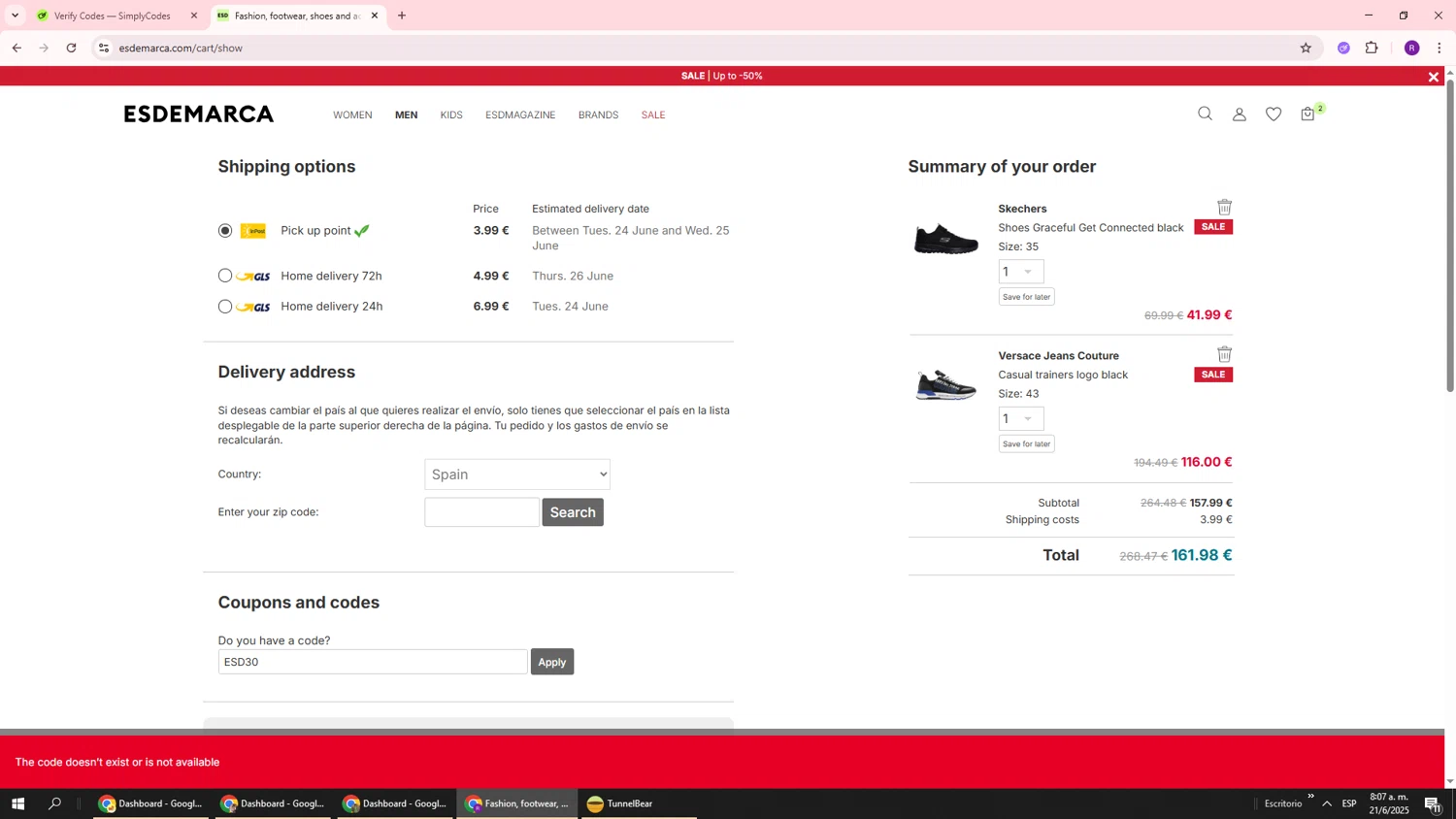 Esdemarca discount code screenshot showing code ESD30 applied at Esdemarca checkout page. Uploaded by SimplyCodes community member ukemochi on Jun 21, 2025