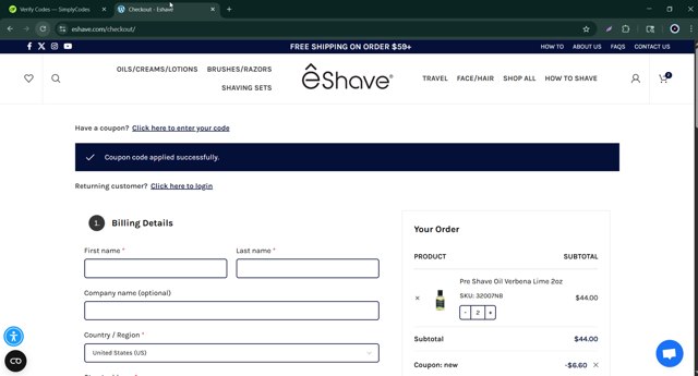 eShave checkout page showing eShave promo code box | Screenshot taken by SimplyCodes community member on Jun 26, 2025
