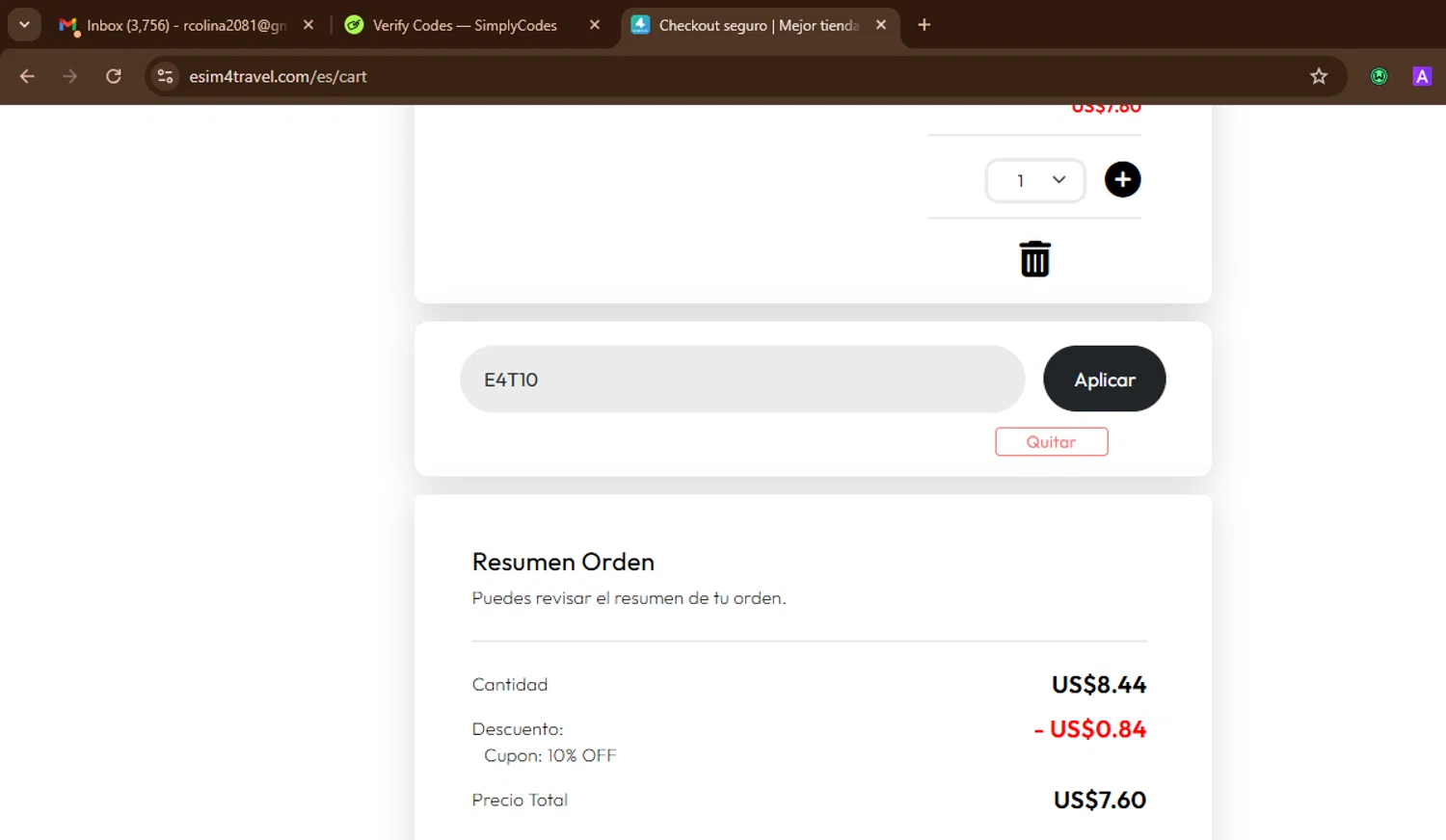 eSIM4Travel promo code screenshot showing code E4T10 applied at eSIM4Travel checkout page. Uploaded by SimplyCodes community member SnoopDogg on Oct 2, 2025