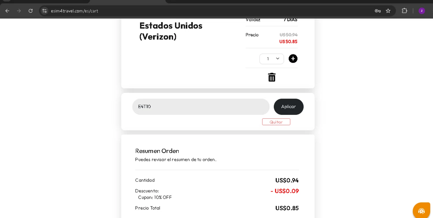 eSIM4Travel promo code screenshot showing code E4T10 applied at eSIM4Travel checkout page. Uploaded by SimplyCodes community member BonusPro7395 on Mar 16, 2025