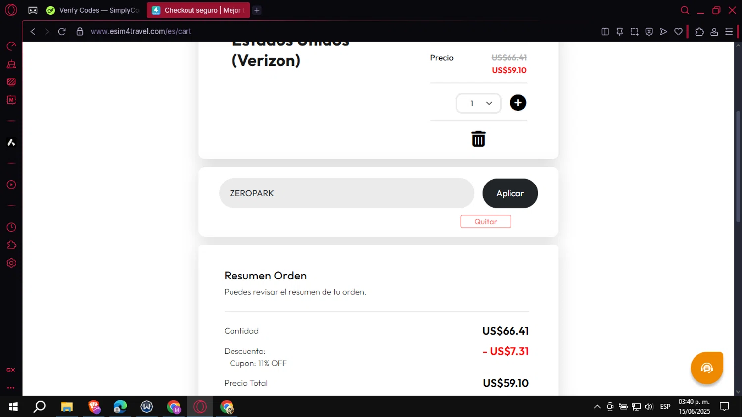 eSIM4Travel promo code screenshot showing code ZEROPARK applied at eSIM4Travel checkout page. Uploaded by SimplyCodes community member VoucherCollector3778 on Jun 15, 2025