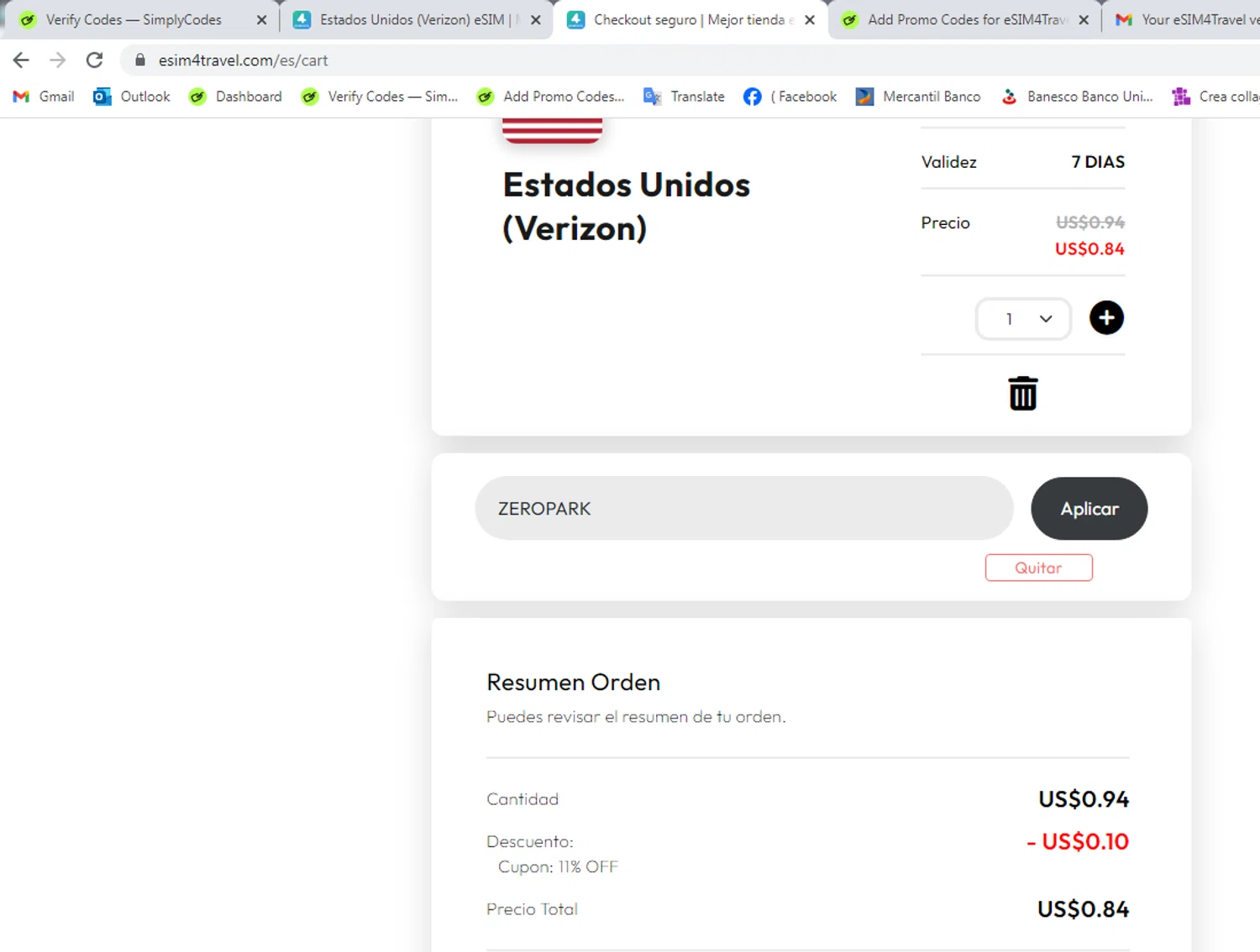 eSIM4Travel promo code screenshot showing code ZEROPARK applied at eSIM4Travel checkout page. Uploaded by SimplyCodes community member yeresojperez on Apr 10, 2025