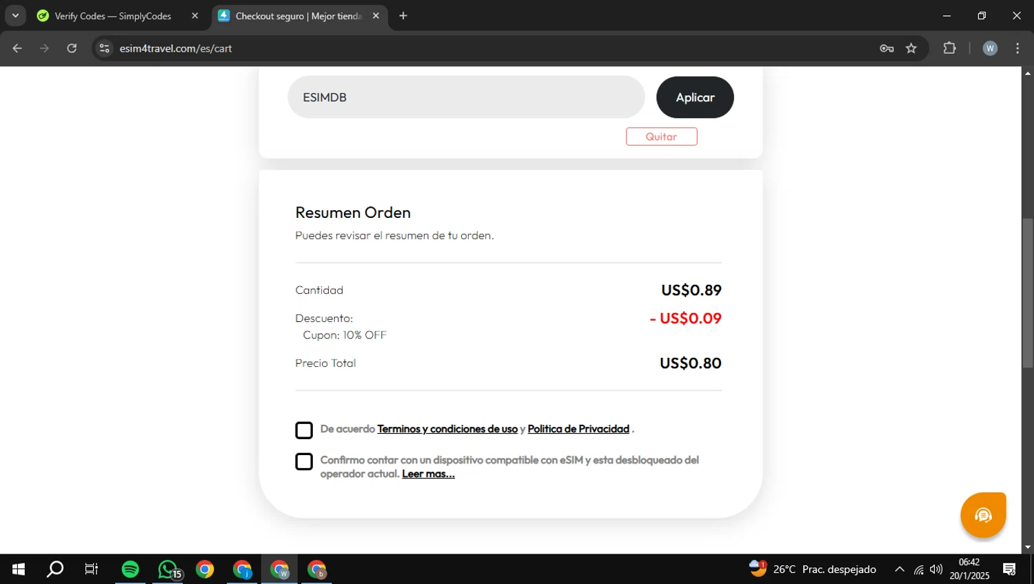 eSIM4Travel promo code screenshot showing code ESIMDB applied at eSIM4Travel checkout page. Uploaded by SimplyCodes community member JHDELACRUZ on Jan 20, 2025