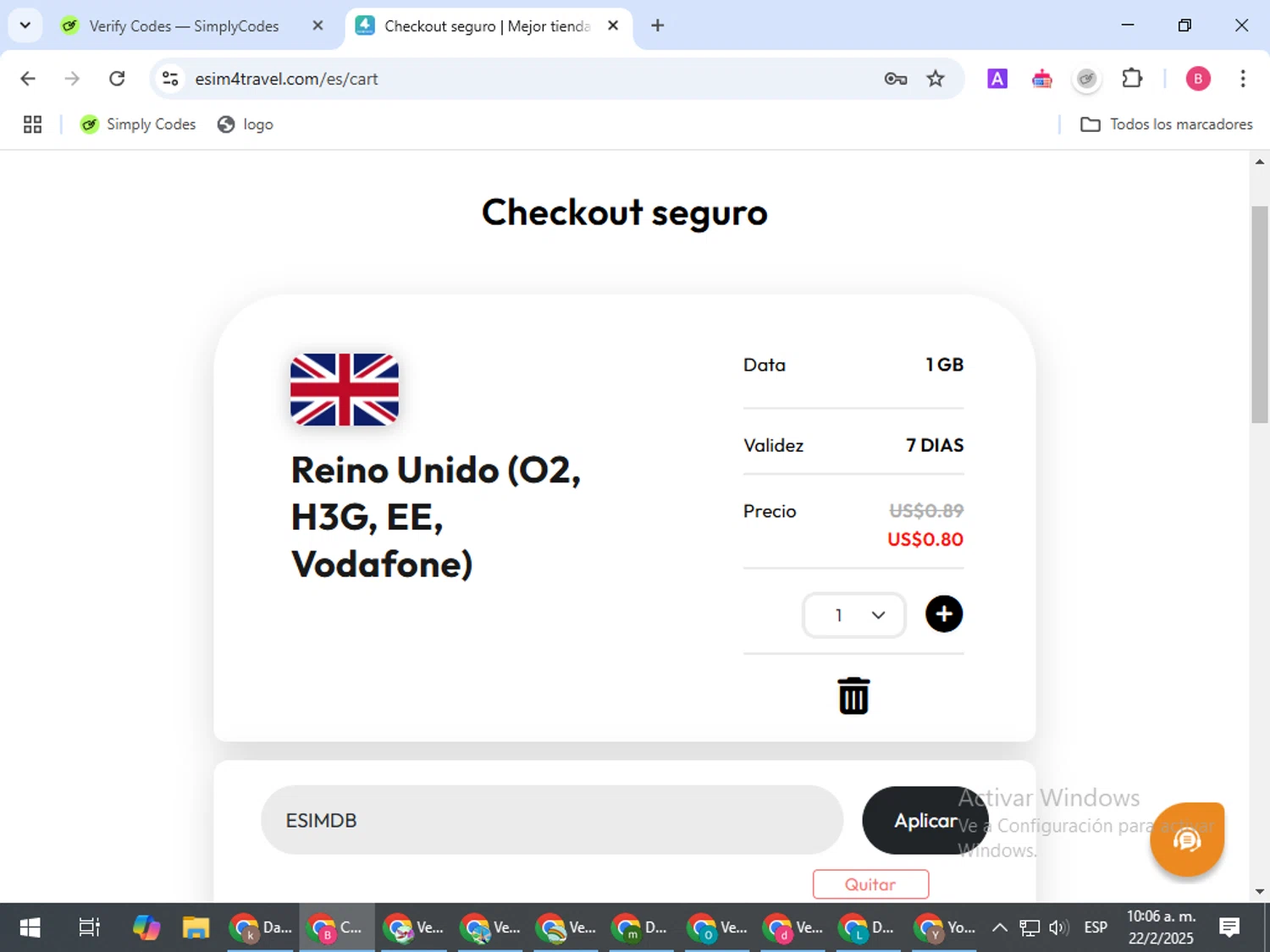 eSIM4Travel promo code screenshot showing code ESIMDB applied at eSIM4Travel checkout page. Uploaded by SimplyCodes community member bombontropical on Feb 22, 2025