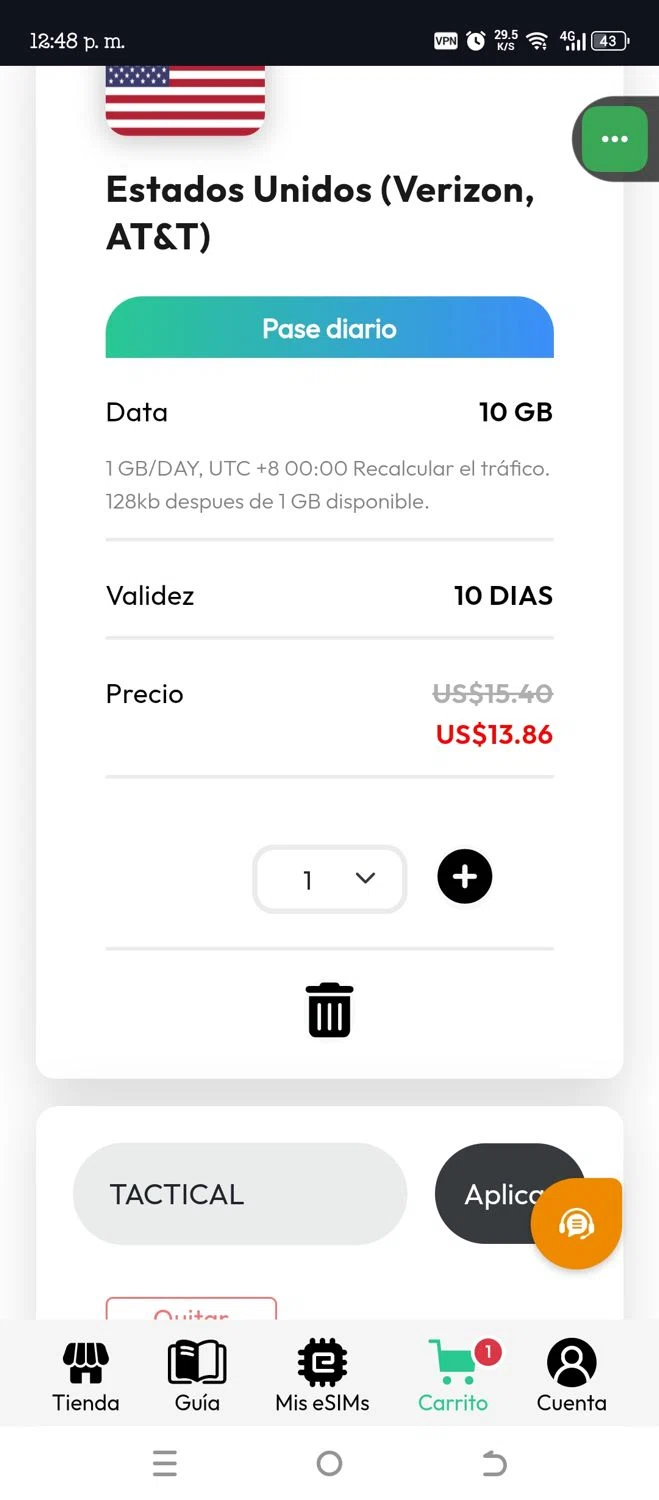 eSIM4Travel promo code screenshot showing code TACTICAL applied at eSIM4Travel checkout page. Uploaded by SimplyCodes community member Janny2 on Nov 5, 2025