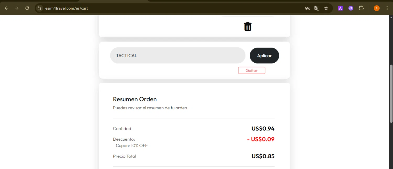 eSIM4Travel promo code screenshot showing code TACTICAL applied at eSIM4Travel checkout page. Uploaded by SimplyCodes community member NobleElite1598 on Oct 7, 2025