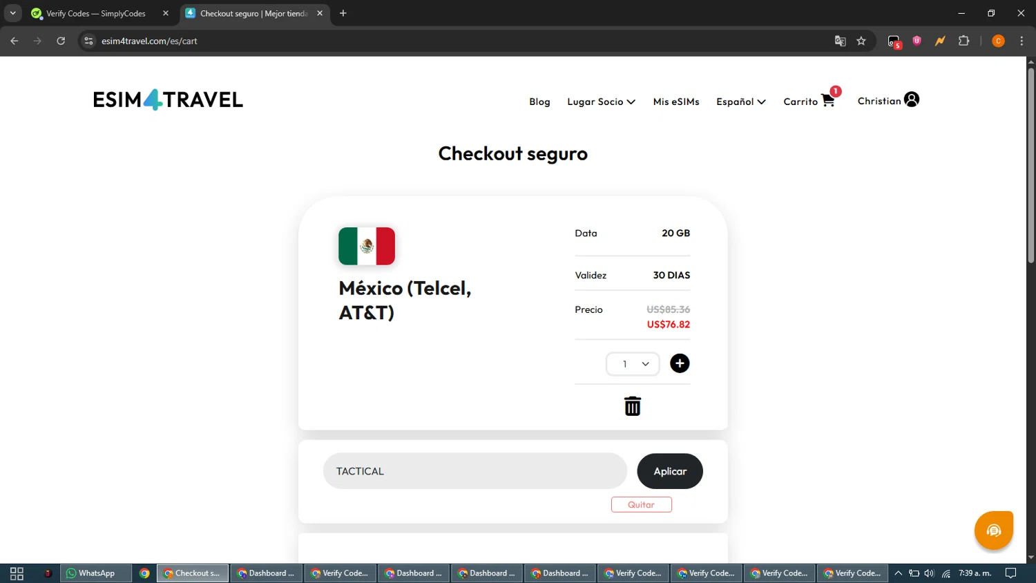 eSIM4Travel promo code screenshot showing code TACTICAL applied at eSIM4Travel checkout page. Uploaded by SimplyCodes community member guest_192805448 on Jan 2, 2026