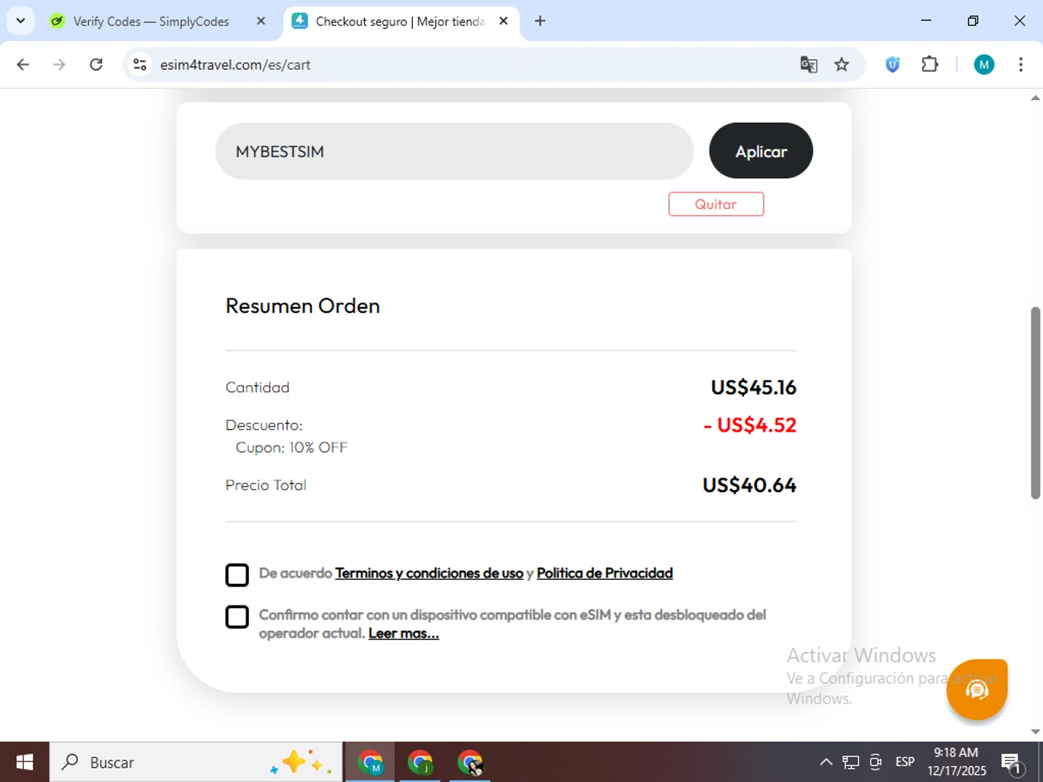eSIM4Travel checkout page showing eSIM4Travel promo code box | Screenshot taken by SimplyCodes community member on Dec 17, 2025
