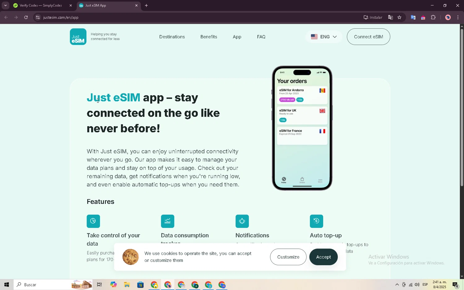 ESIM.net promo code screenshot showing code RH2AVJML applied at ESIM.net checkout page. Uploaded by SimplyCodes community member RE_GO_ on Apr 8, 2025