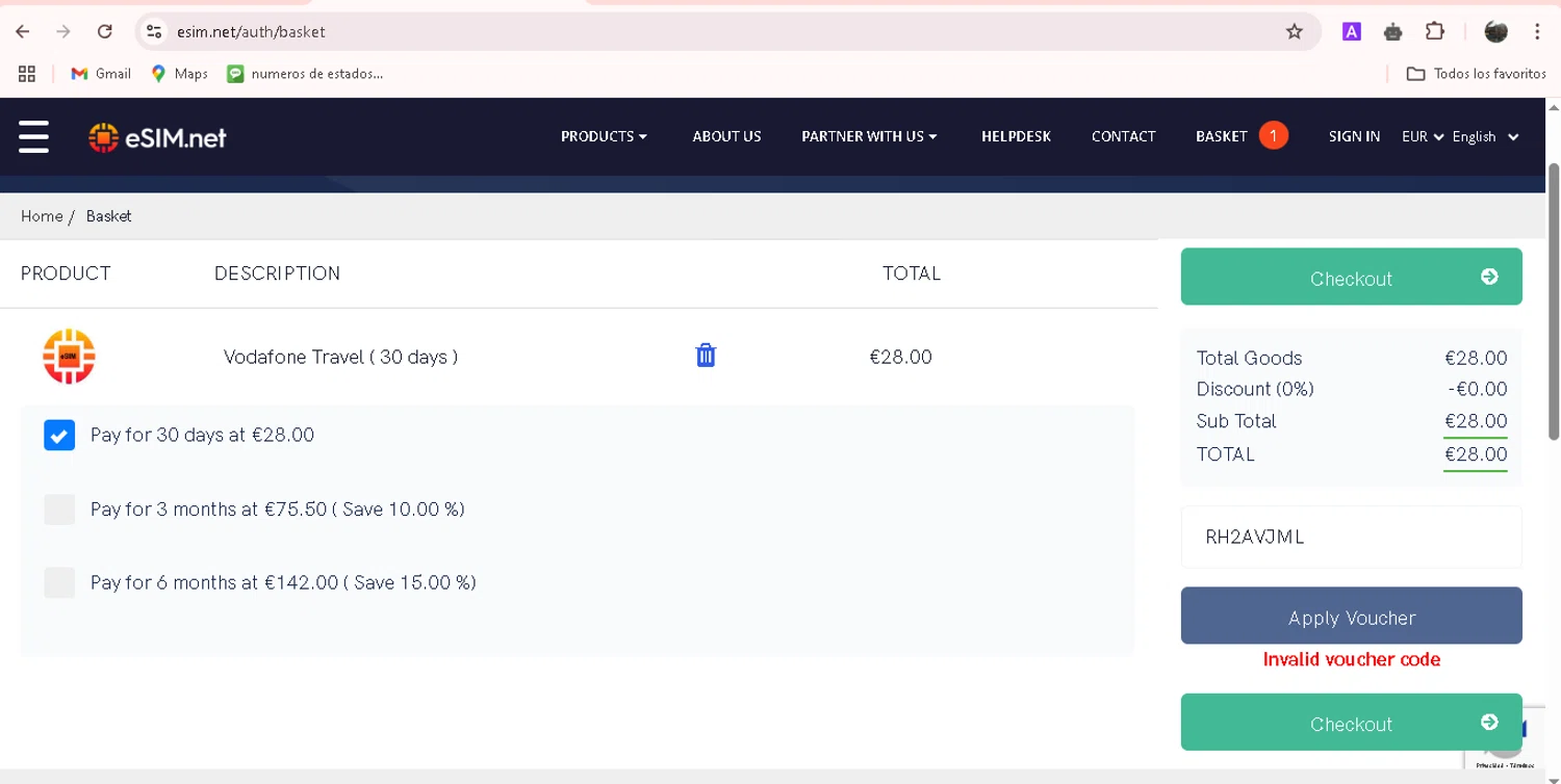 ESIM.net promo code screenshot showing code RH2AVJML applied at ESIM.net checkout page. Uploaded by SimplyCodes community member adrianvasquez1 on Apr 8, 2025