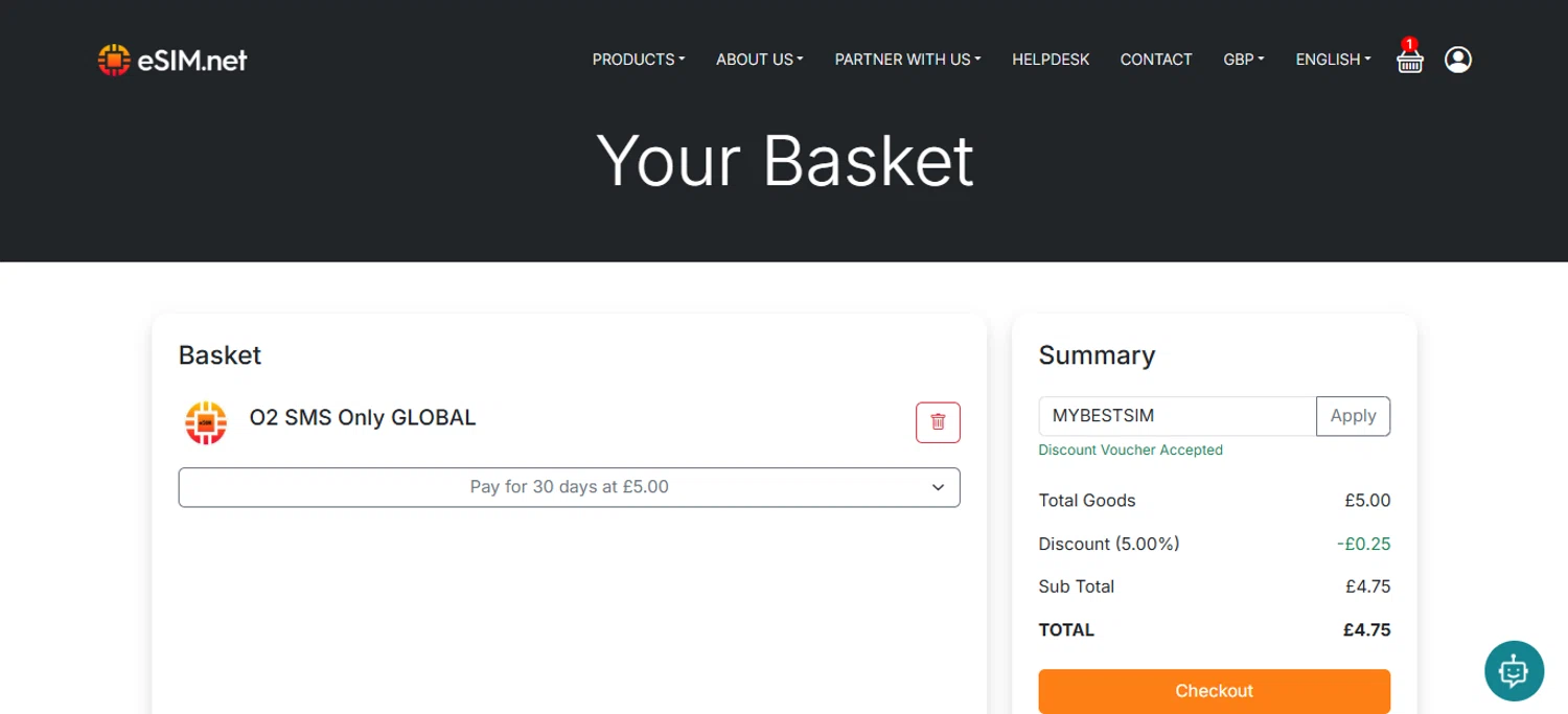 ESIM.net promo code screenshot showing code MYBESTSIM applied at ESIM.net checkout page. Uploaded by SimplyCodes community member ESTHER3121 on Dec 27, 2025
