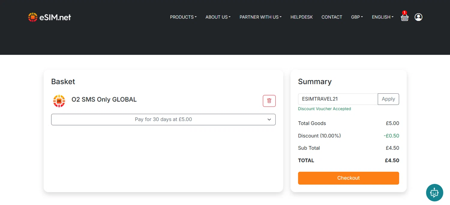 ESIM.net promo code screenshot showing code ESIMTRAVEL21 applied at ESIM.net checkout page. Uploaded by SimplyCodes community member ESTHER3121 on Dec 27, 2025