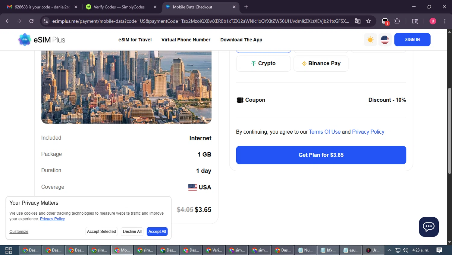 eSIM Plus promo code screenshot showing code nrJZv9yG applied at eSIM Plus checkout page. Uploaded by SimplyCodes community member MagnificentSpotter4236 on Oct 29, 2025
