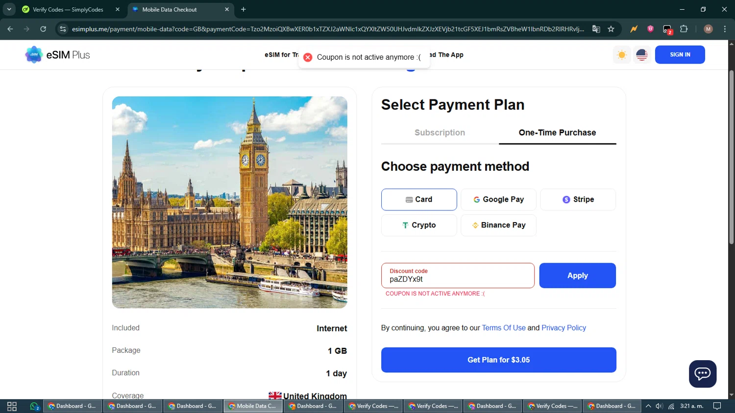 eSIM Plus promo code screenshot showing code paZDYx9t applied at eSIM Plus checkout page. Uploaded by SimplyCodes community member DiscountTitan4635 on Nov 10, 2025