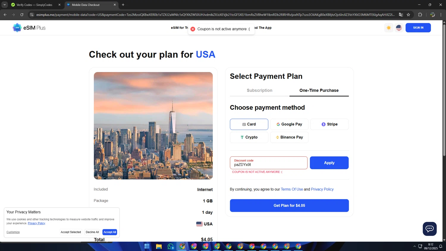 eSIM Plus promo code screenshot showing code paZDYx9t applied at eSIM Plus checkout page. Uploaded by SimplyCodes community member SAIKOO on Dec 9, 2025