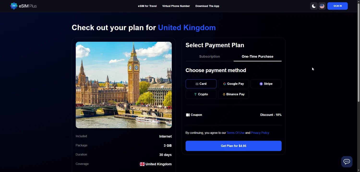 eSIM Plus promo code screenshot showing code WIOyYJ80 applied at eSIM Plus checkout page. Uploaded by SimplyCodes community member Enmanuel99 on Dec 29, 2025