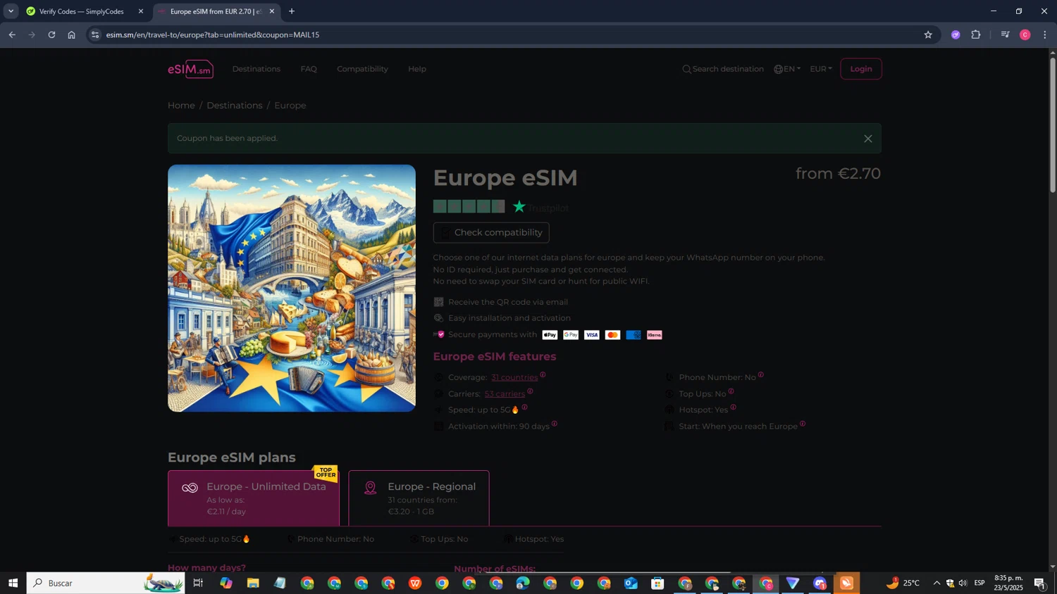 eSIM.sm promo code screenshot showing code MAIL15 applied at eSIM.sm checkout page. Uploaded by SimplyCodes community member DealLynx3109 on May 24, 2025