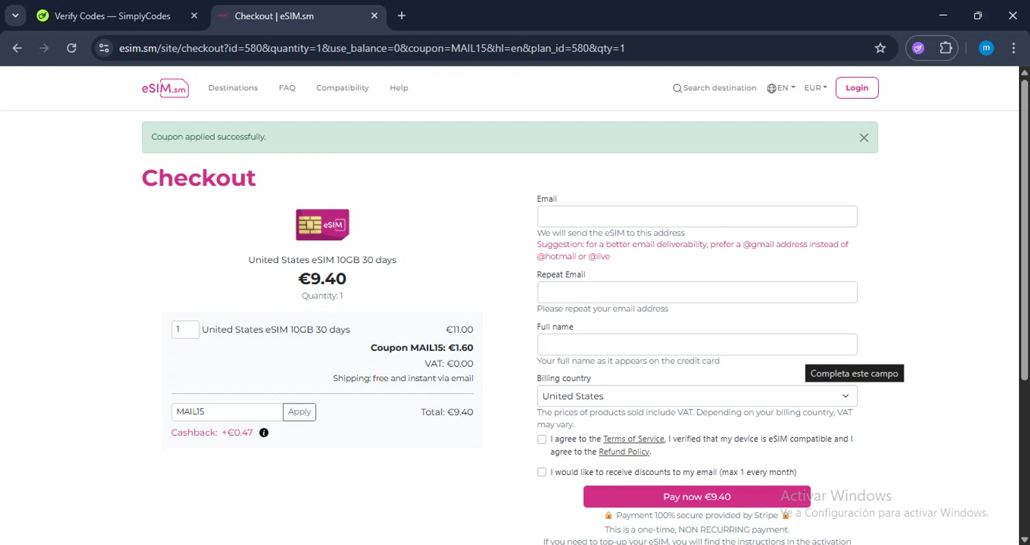 eSIM.sm promo code screenshot showing code MAIL15 applied at eSIM.sm checkout page. Uploaded by SimplyCodes community member LuckyWarden9122 on Jun 21, 2025