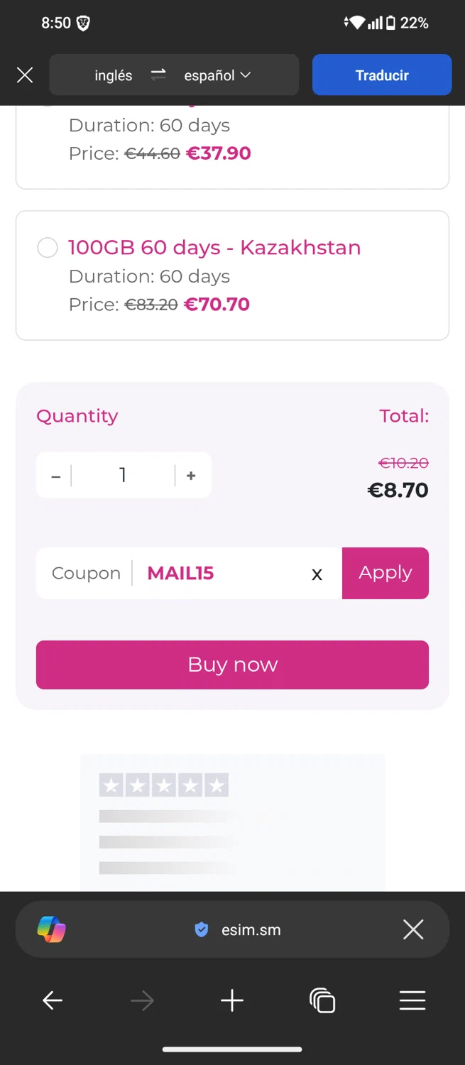 eSIM.sm promo code screenshot showing code MAIL15 applied at eSIM.sm checkout page. Uploaded by SimplyCodes community member MagnificentTiger8908 on Jun 7, 2025