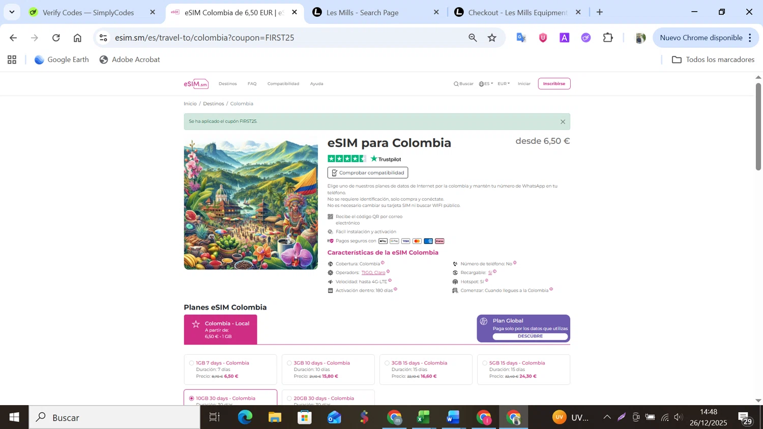 eSIM.sm promo code screenshot showing code FIRST25 applied at eSIM.sm checkout page. Uploaded by SimplyCodes community member NobleMonarch5837 on Dec 26, 2025