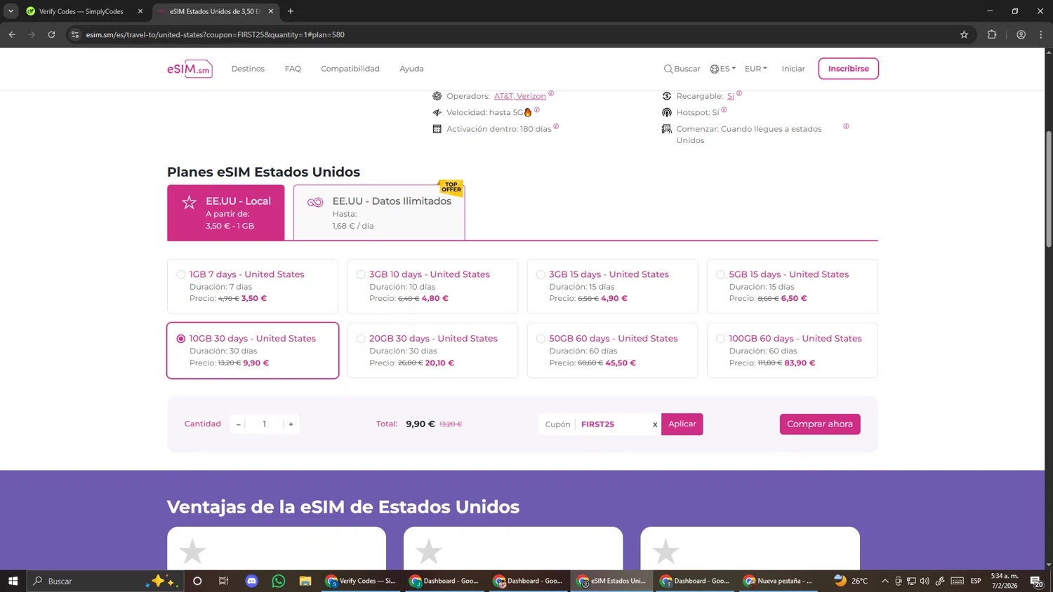eSIM.sm checkout page showing eSIM.sm promo code box | Screenshot taken by SimplyCodes community member on Feb 7, 2026